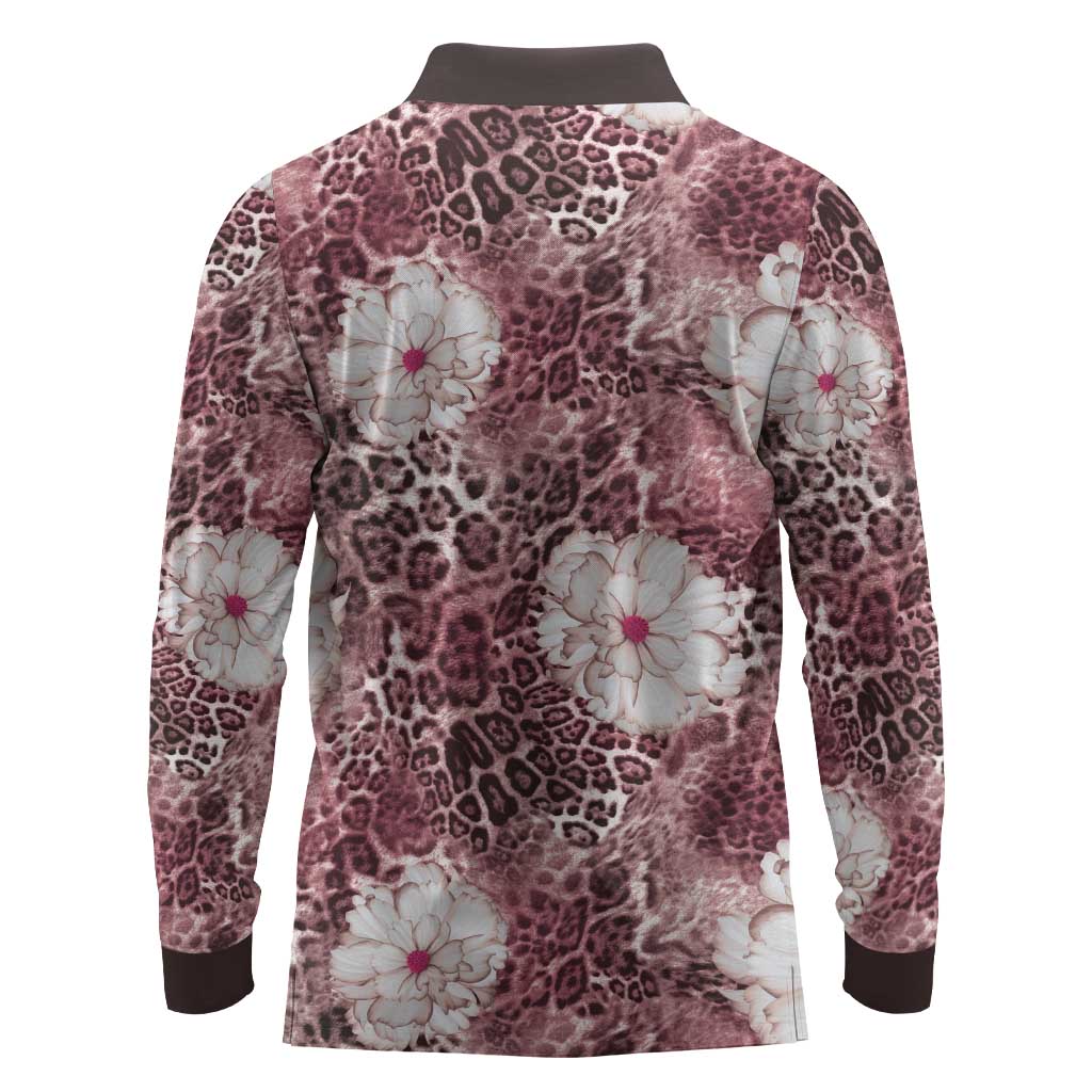 African Leopard Floral Pattern Long Sleeve Polo Shirt Sunset Mauve