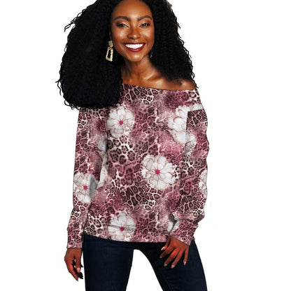 African Leopard Floral Pattern Off Shoulder Sweater Sunset Mauve