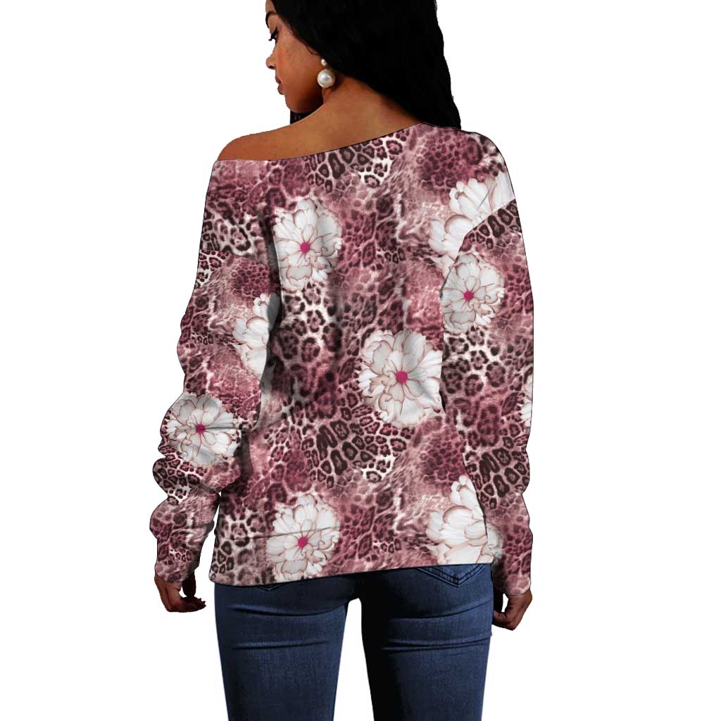 African Leopard Floral Pattern Off Shoulder Sweater Sunset Mauve