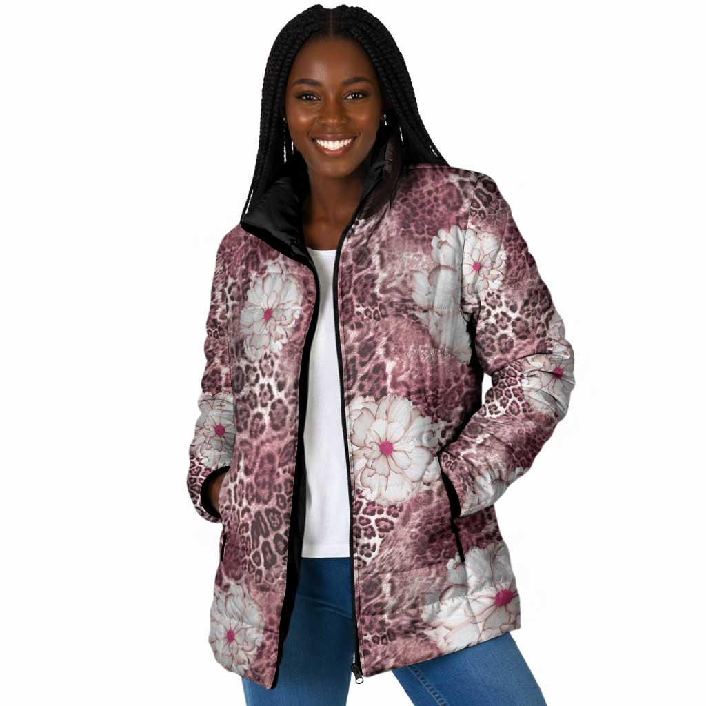 African Leopard Floral Pattern Padded Jacket Sunset Mauve