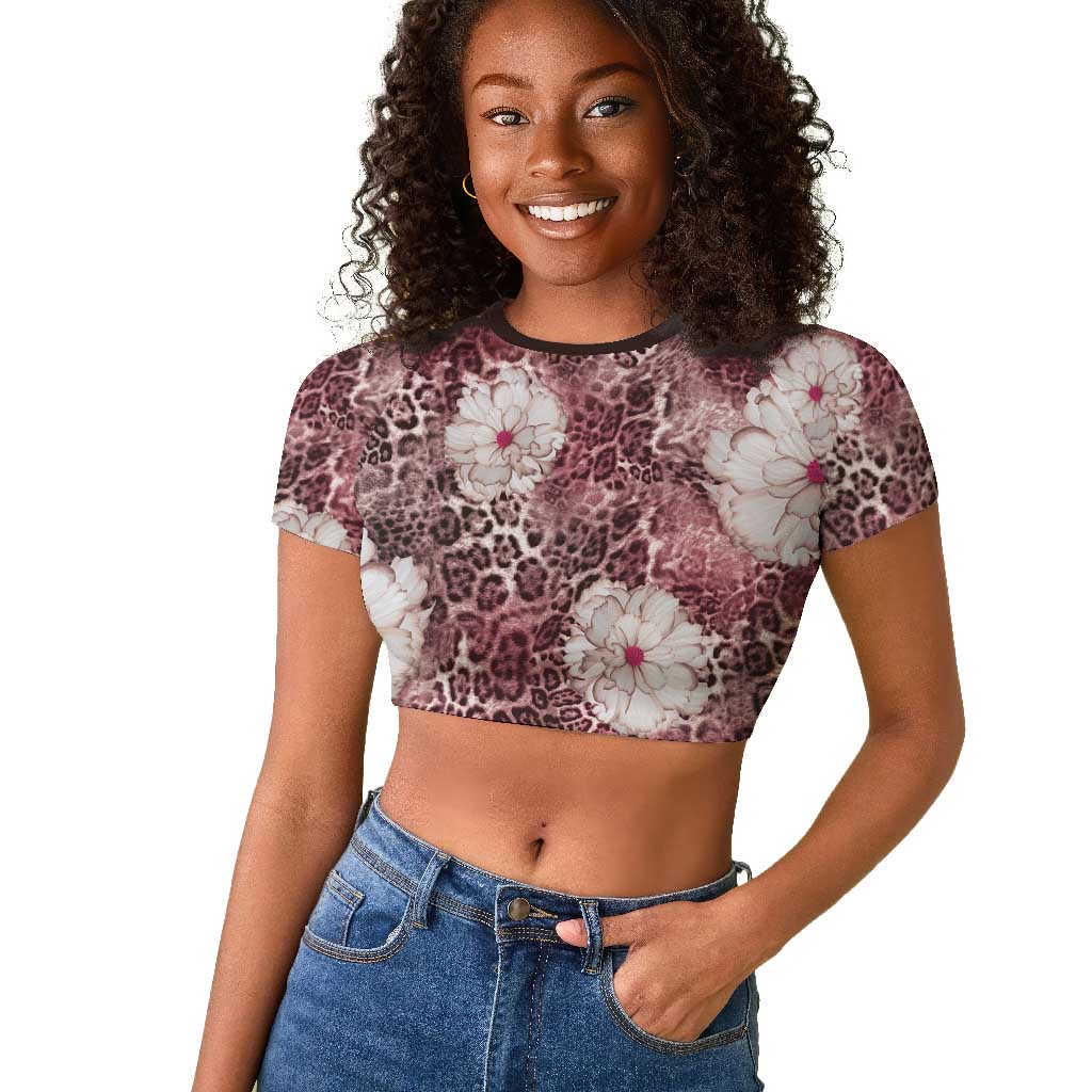 African Leopard Floral Pattern Raglan Cropped T shirt Sunset Mauve