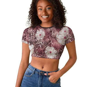 African Leopard Floral Pattern Raglan Cropped T shirt Sunset Mauve
