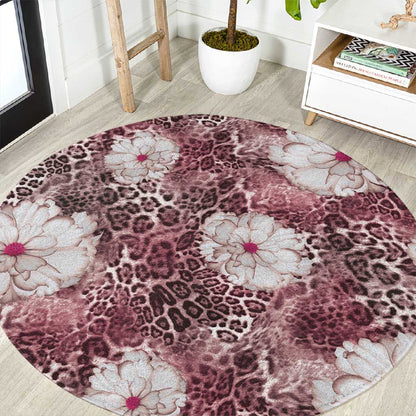 African Leopard Floral Pattern Round Carpet Sunset Mauve