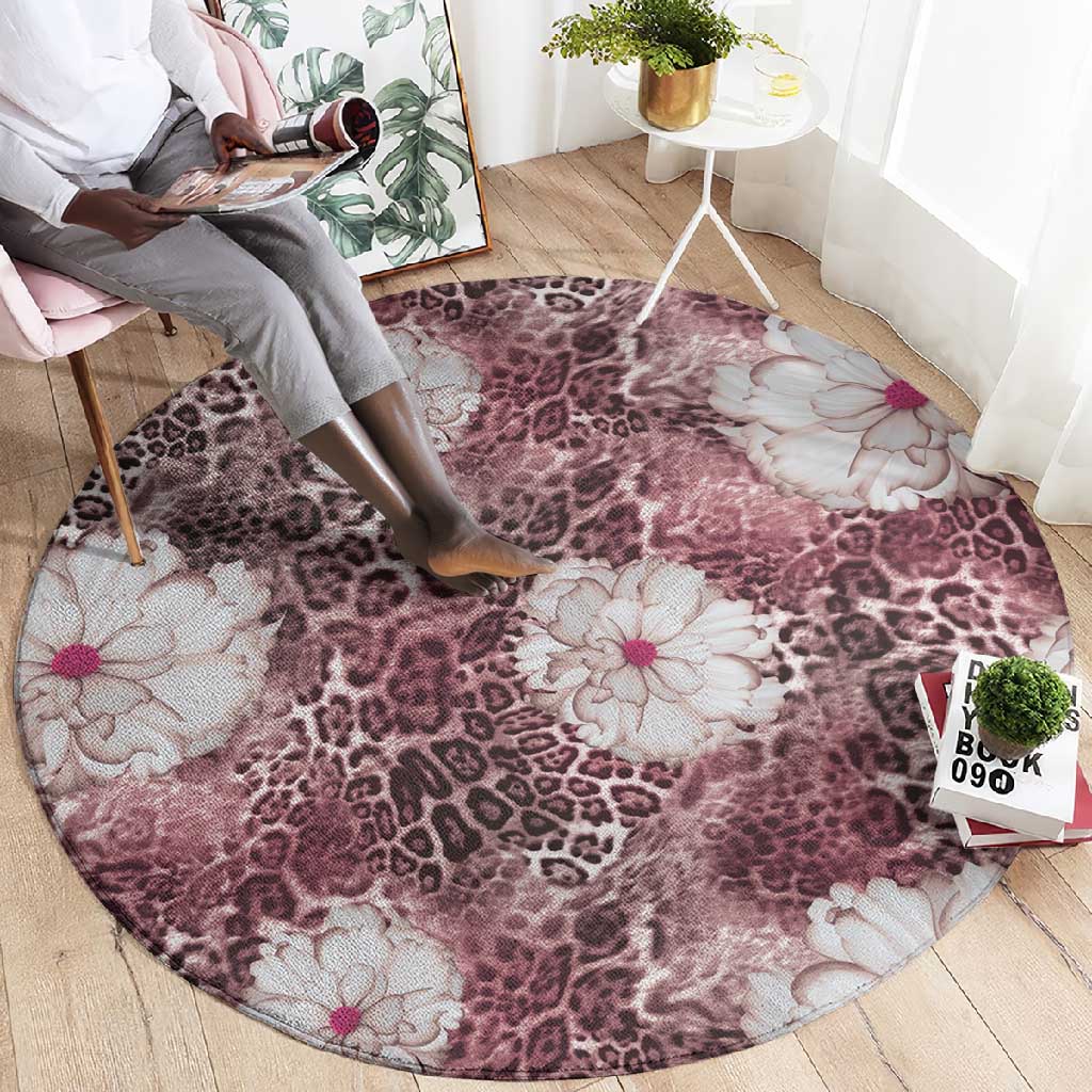 African Leopard Floral Pattern Round Carpet Sunset Mauve