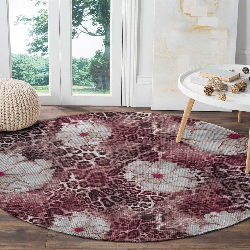 African Leopard Floral Pattern Round Carpet Sunset Mauve