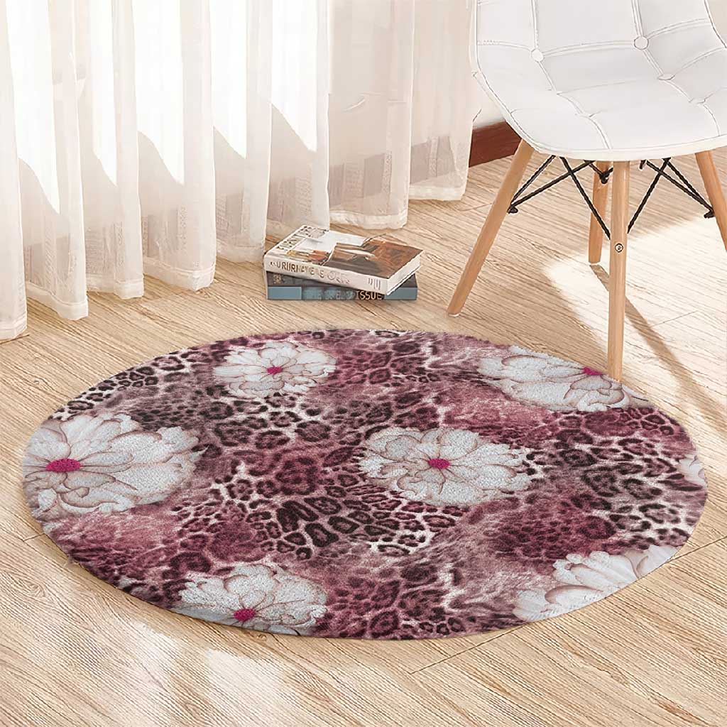 African Leopard Floral Pattern Round Carpet Sunset Mauve