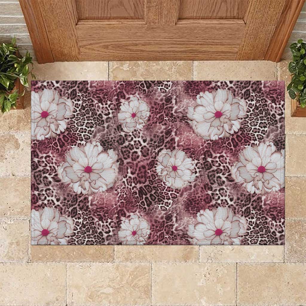 African Leopard Floral Pattern Rubber Doormat Sunset Mauve