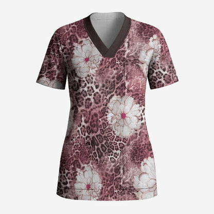 African Leopard Floral Pattern Scrub Top Sunset Mauve