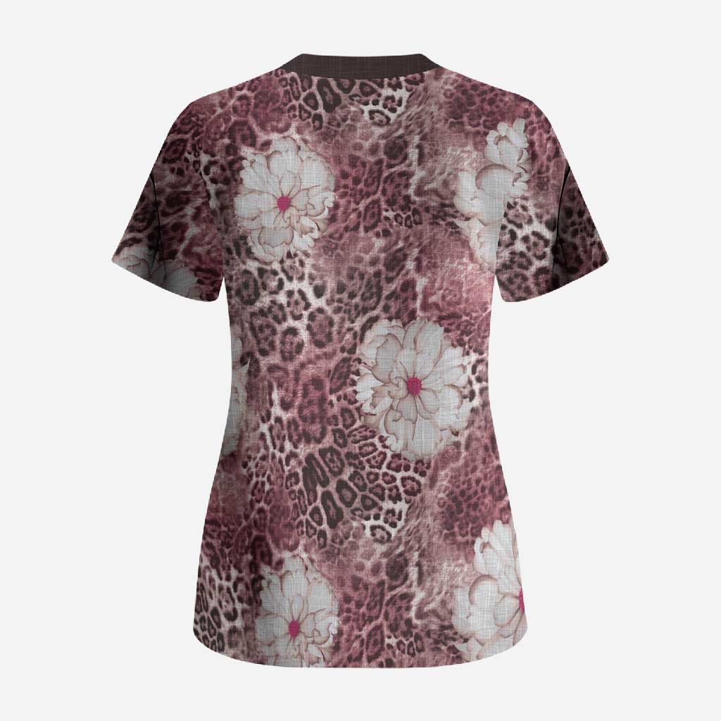 African Leopard Floral Pattern Scrub Top Sunset Mauve