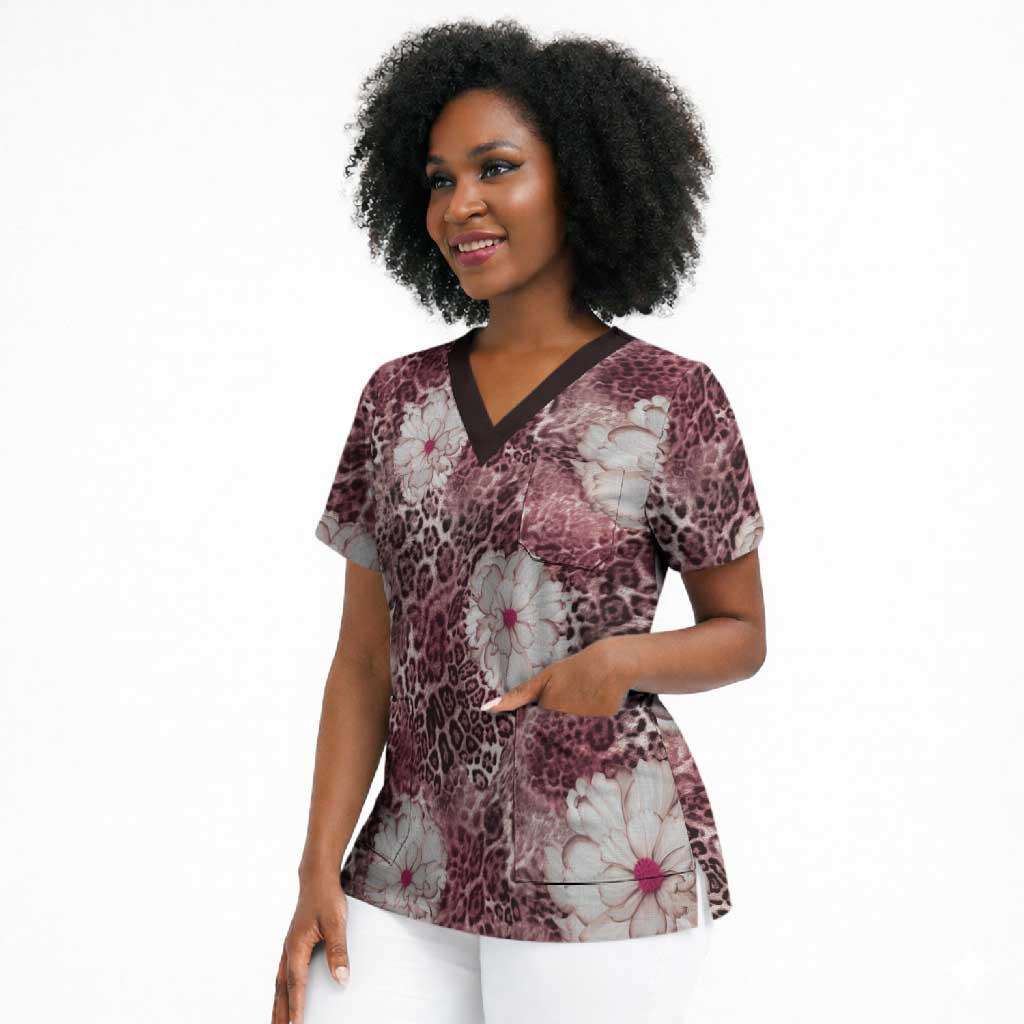 African Leopard Floral Pattern Scrub Top Sunset Mauve