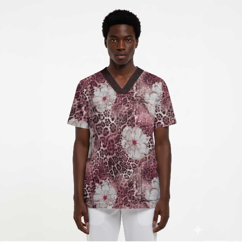 African Leopard Floral Pattern Scrub Top Sunset Mauve