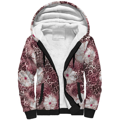 African Leopard Floral Pattern Sherpa Hoodie Sunset Mauve