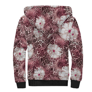 African Leopard Floral Pattern Sherpa Hoodie Sunset Mauve