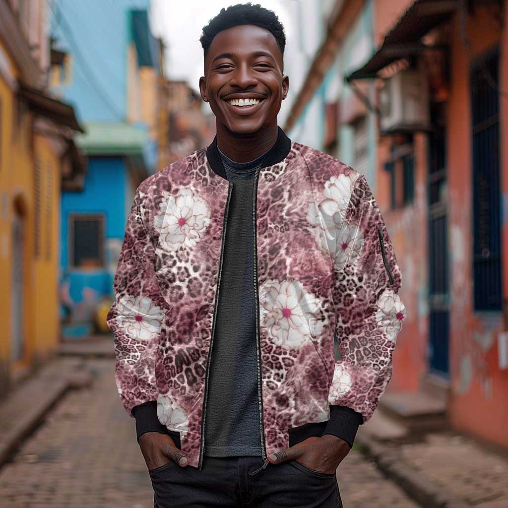 African Leopard Floral Pattern Sleeve Zip Bomber Jacket Sunset Mauve