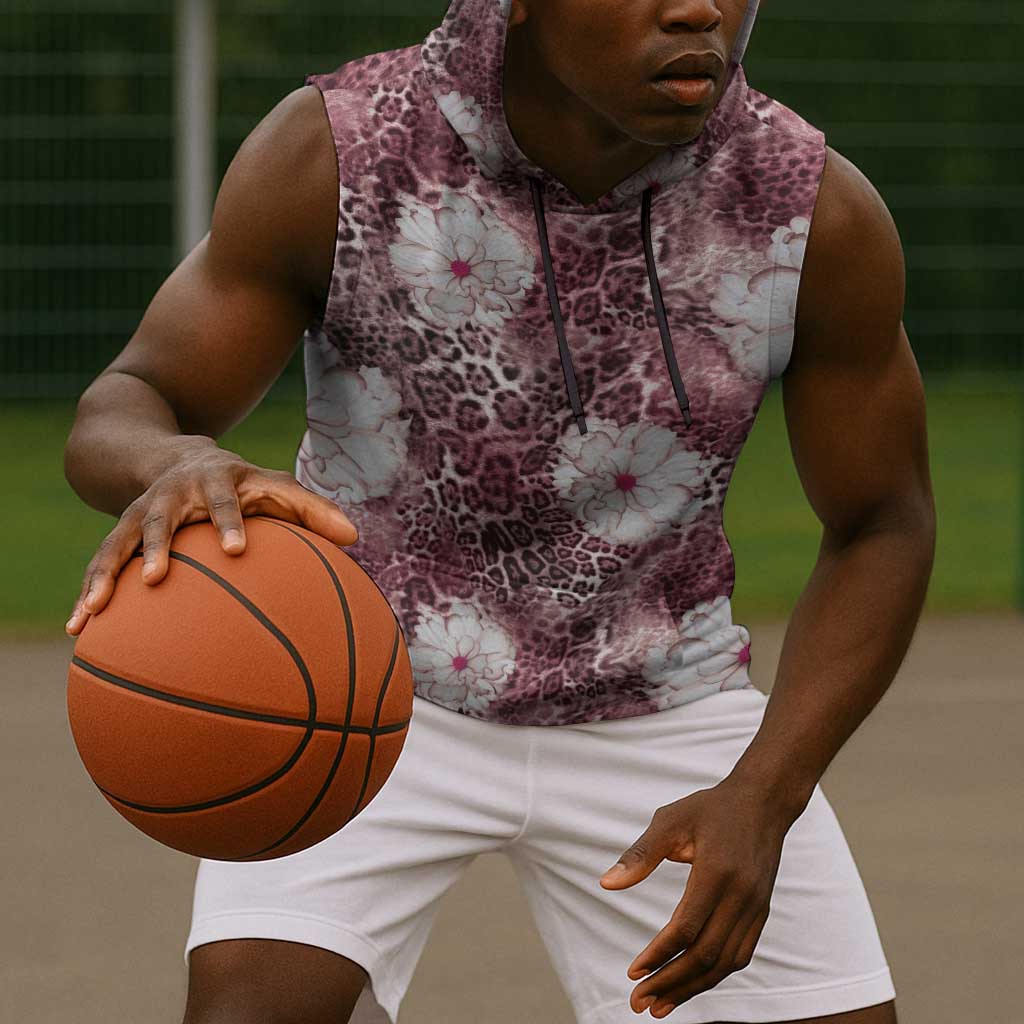 African Leopard Floral Pattern Sleeveless Hoodie Sunset Mauve