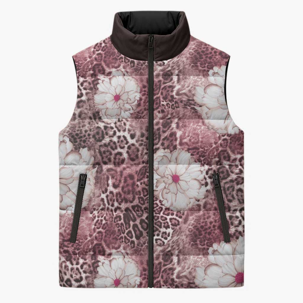 African Leopard Floral Pattern Sleeveless Puffer Jacket Sunset Mauve