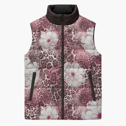 African Leopard Floral Pattern Sleeveless Puffer Jacket Sunset Mauve