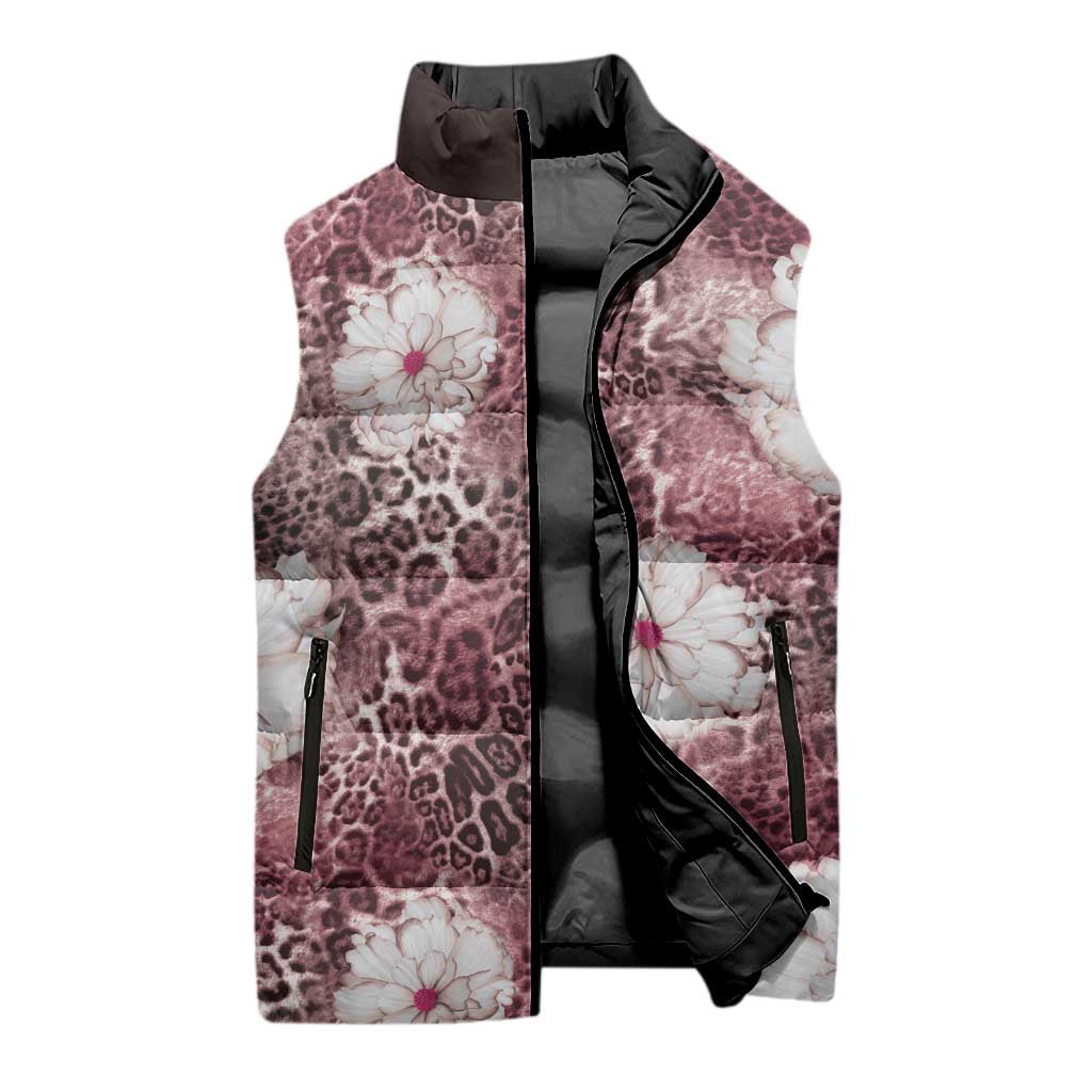 African Leopard Floral Pattern Sleeveless Puffer Jacket Sunset Mauve