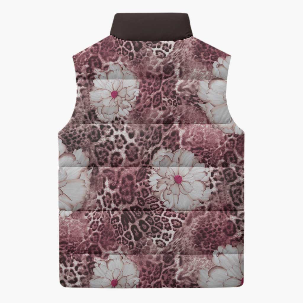 African Leopard Floral Pattern Sleeveless Puffer Jacket Sunset Mauve