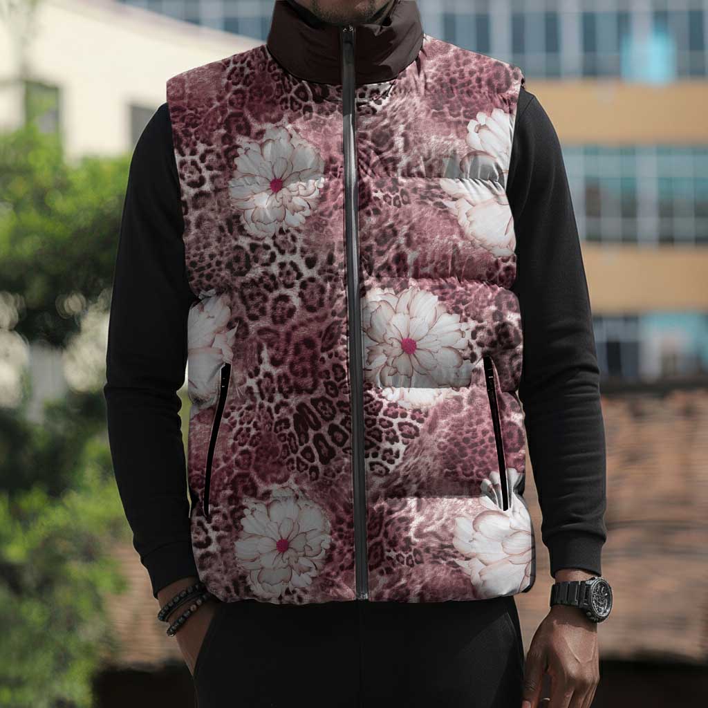 African Leopard Floral Pattern Sleeveless Puffer Jacket Sunset Mauve
