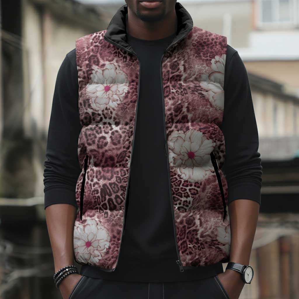 African Leopard Floral Pattern Sleeveless Puffer Jacket Sunset Mauve