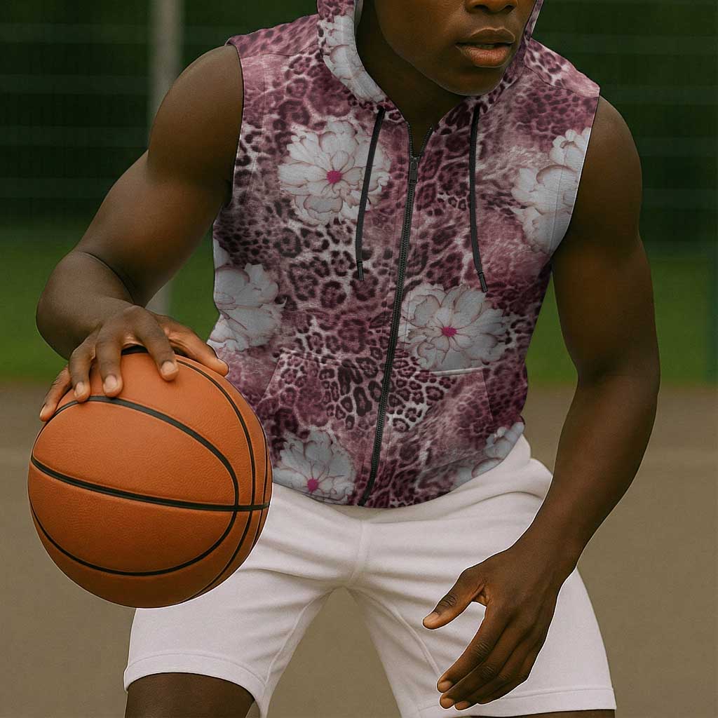 African Leopard Floral Pattern Sleeveless Zip Hoodie Sunset Mauve