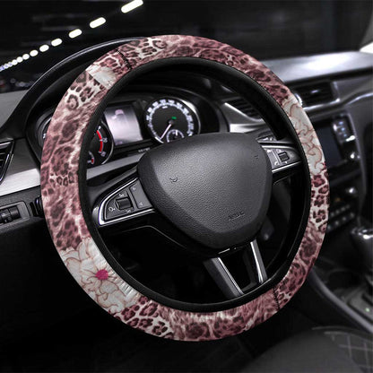 African Leopard Floral Pattern Steering Wheel Cover Sunset Mauve