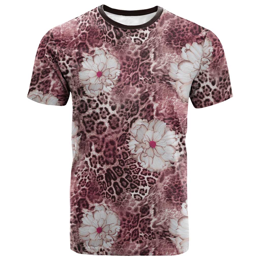 African Leopard Floral Pattern T shirt Sunset Mauve