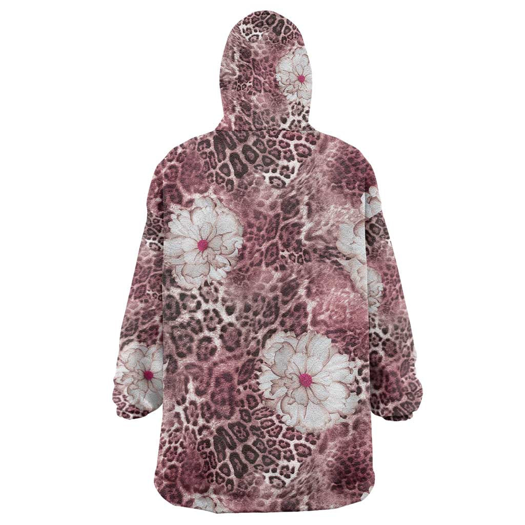 African Leopard Floral Pattern Wearable Blanket Hoodie Sunset Mauve