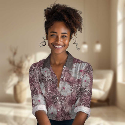 African Leopard Floral Pattern Women Casual Shirt Sunset Mauve