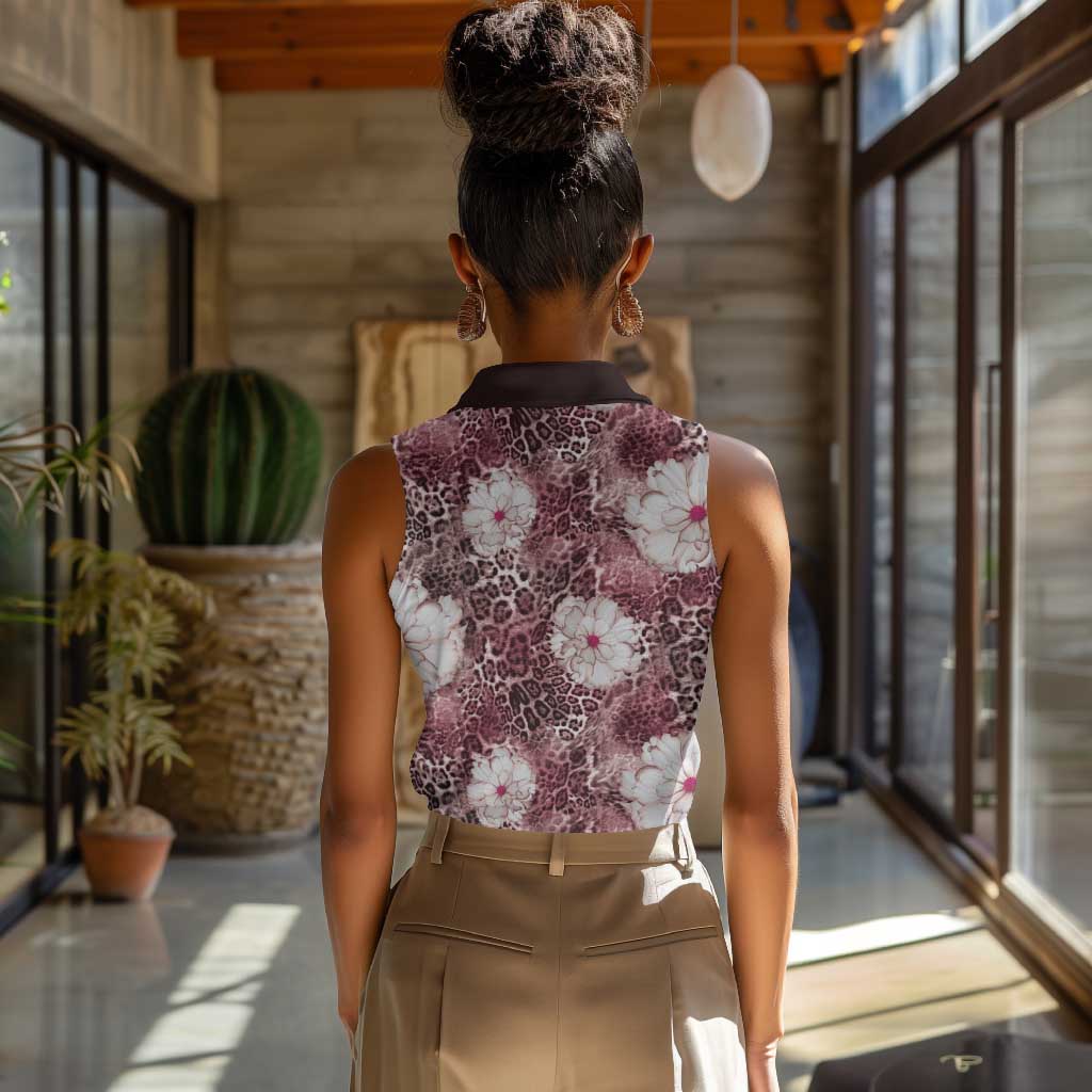 African Leopard Floral Pattern Women Sleeveless Polo Shirt Sunset Mauve