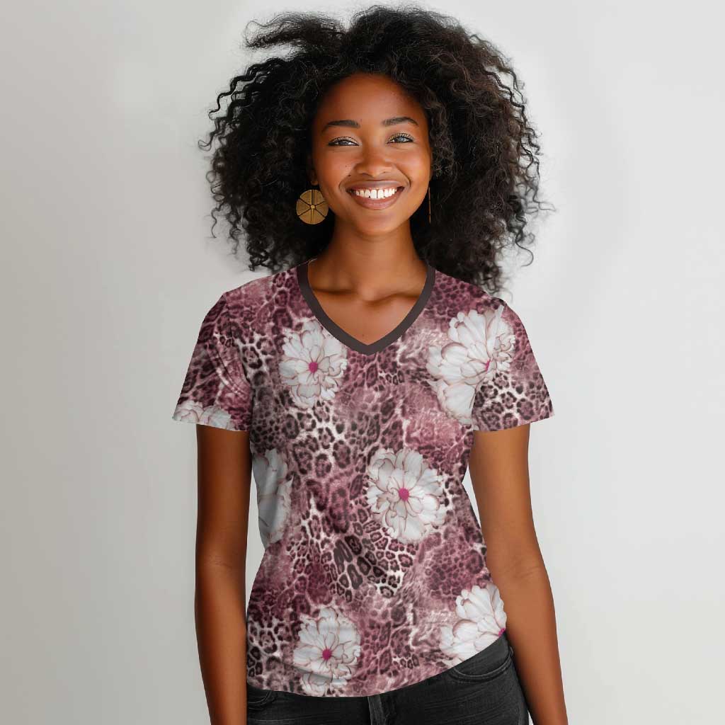 African Leopard Floral Pattern Women V-Neck T-Shirt Sunset Mauve