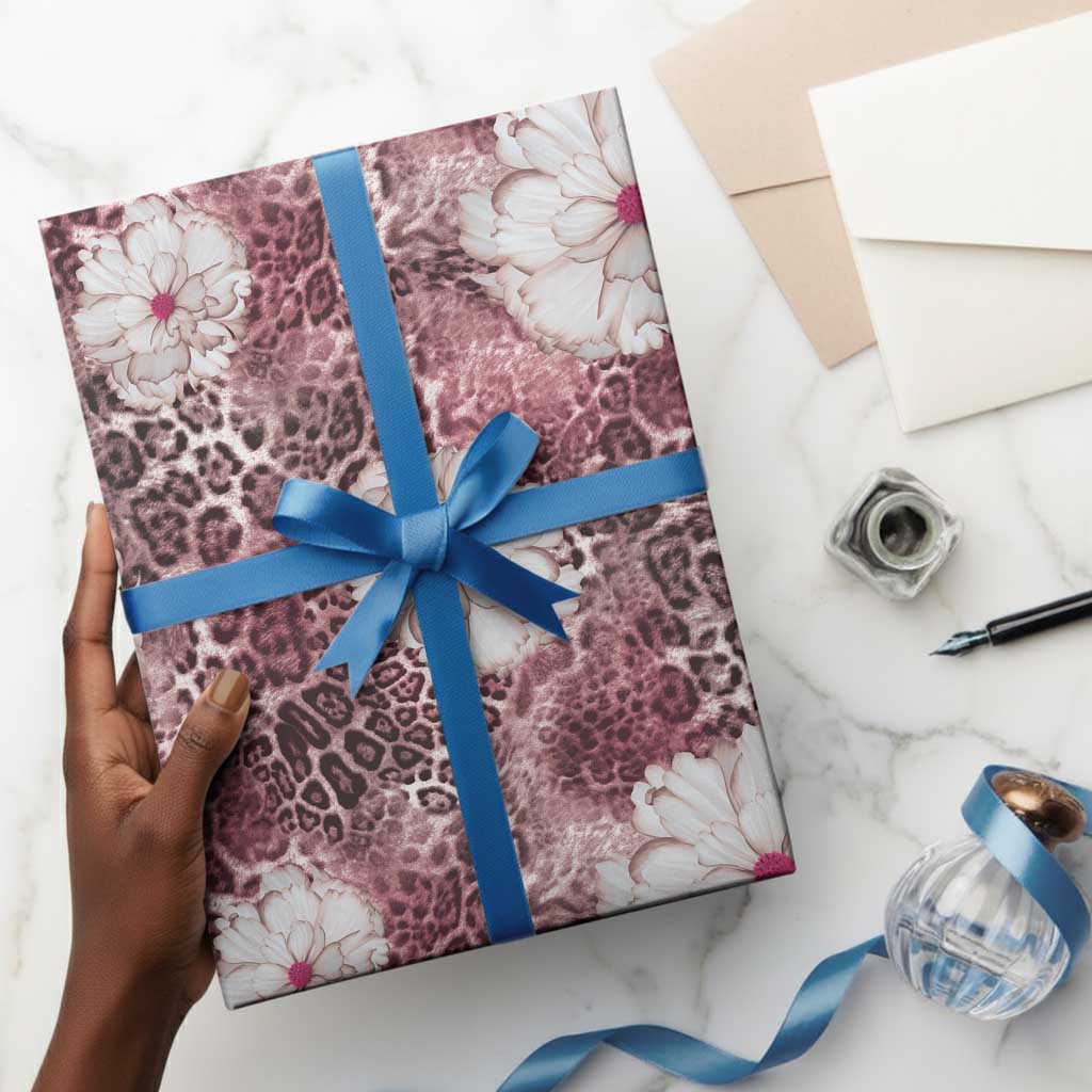 African Leopard Floral Pattern Wrapping Paper Sunset Mauve