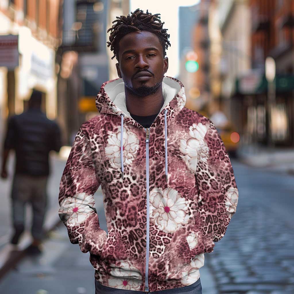 African Leopard Floral Pattern Zip Hoodie Sunset Mauve