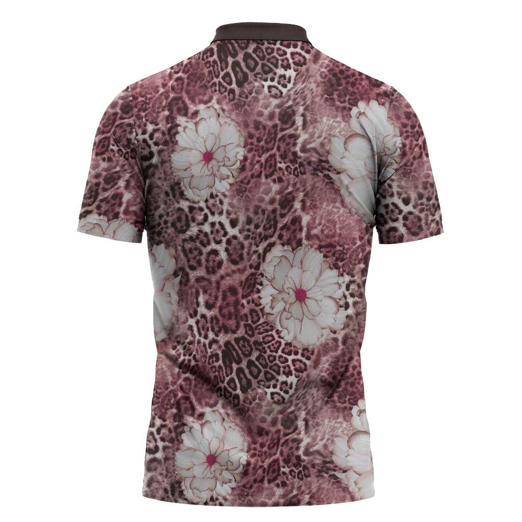 African Leopard Floral Pattern Zipper Polo Shirt Sunset Mauve