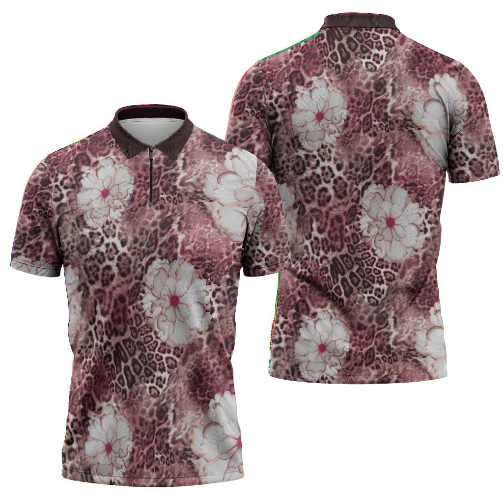 African Leopard Floral Pattern Zipper Polo Shirt Sunset Mauve