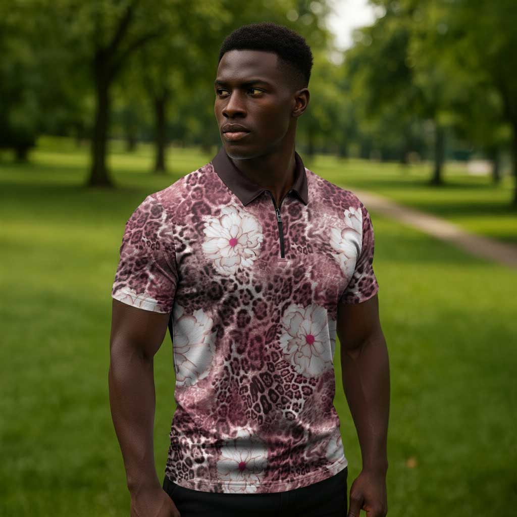 African Leopard Floral Pattern Zipper Polo Shirt Sunset Mauve