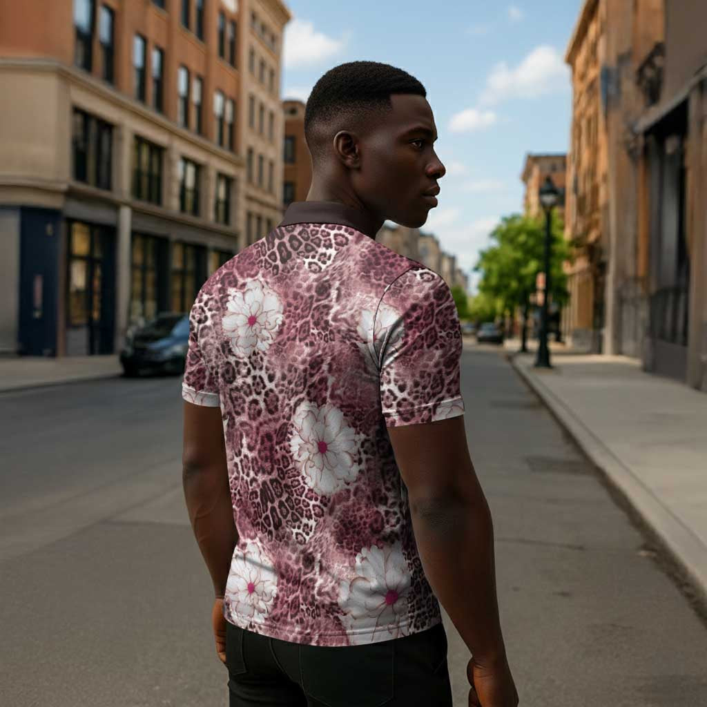 African Leopard Floral Pattern Zipper Polo Shirt Sunset Mauve