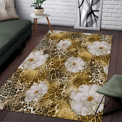 African Leopard Floral Pattern Area Rug Savannah Gold
