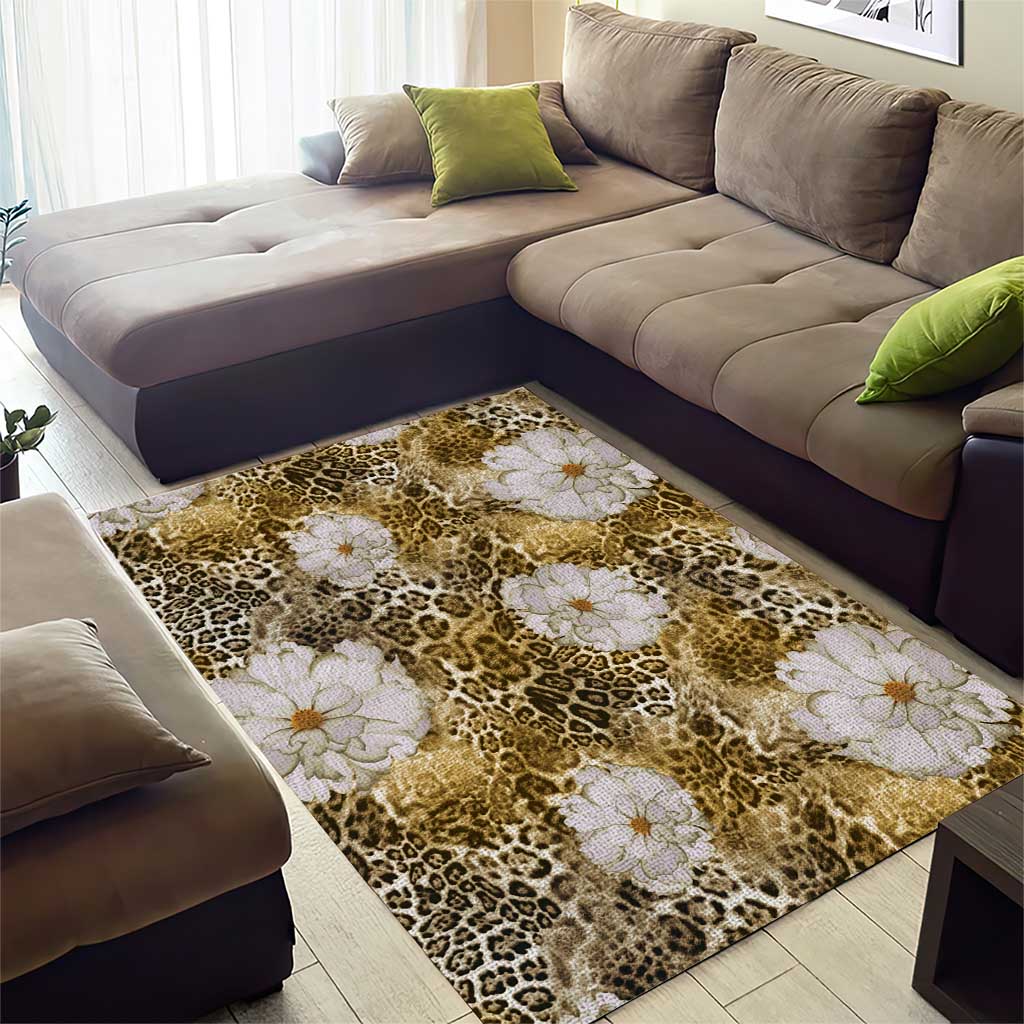 African Leopard Floral Pattern Area Rug Savannah Gold