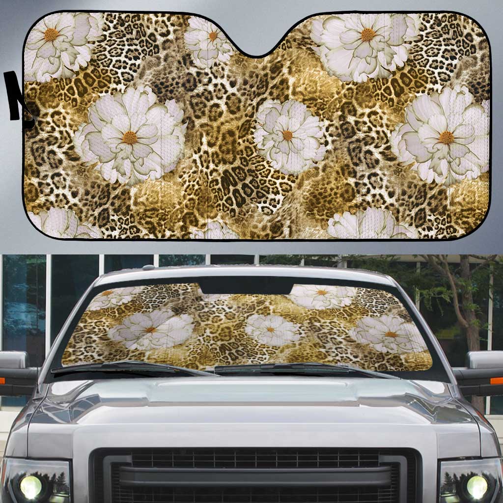 African Leopard Floral Pattern Auto Sun Shade Savannah Gold
