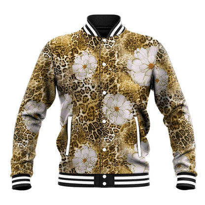 African Leopard Floral Pattern Baseball Jacket Savannah Gold