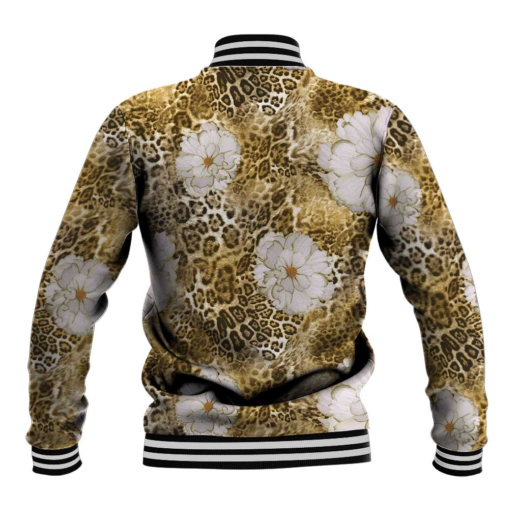 African Leopard Floral Pattern Baseball Jacket Savannah Gold