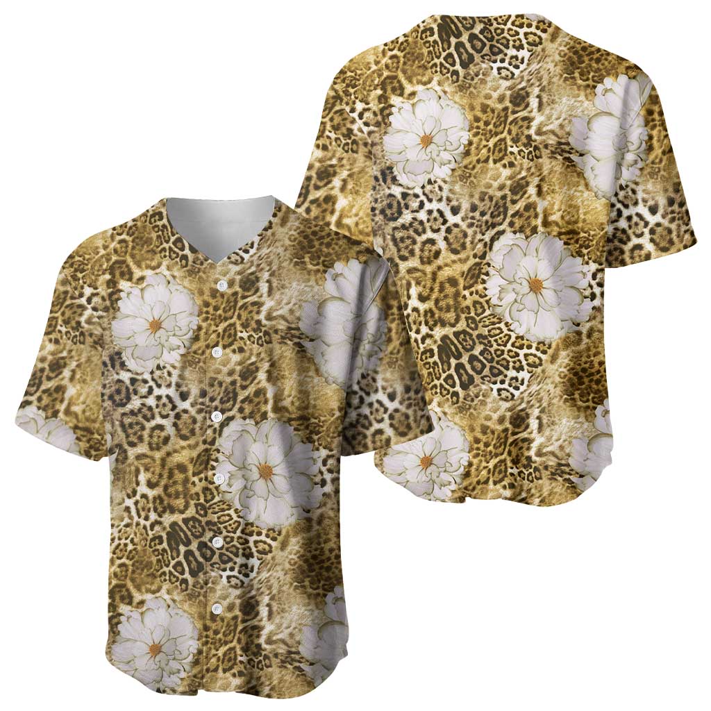 African Leopard Floral Pattern Baseball Jersey Savannah Gold