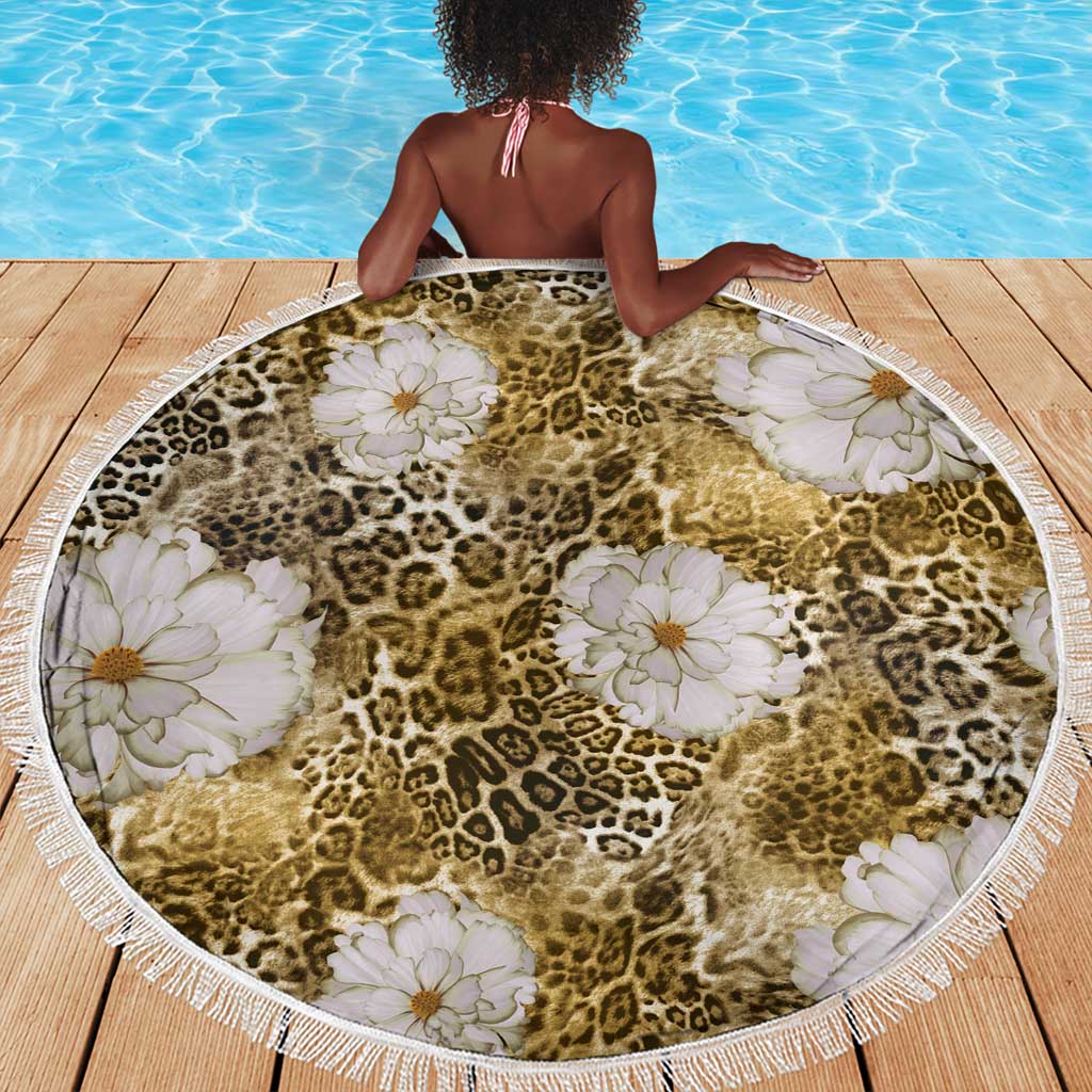 African Leopard Floral Pattern Beach Blanket Savannah Gold