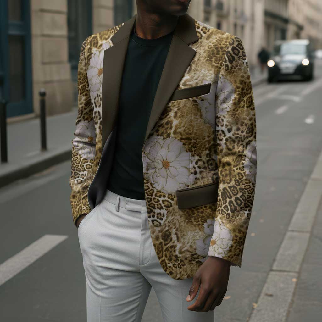 African Leopard Floral Pattern Blazer Savannah Gold