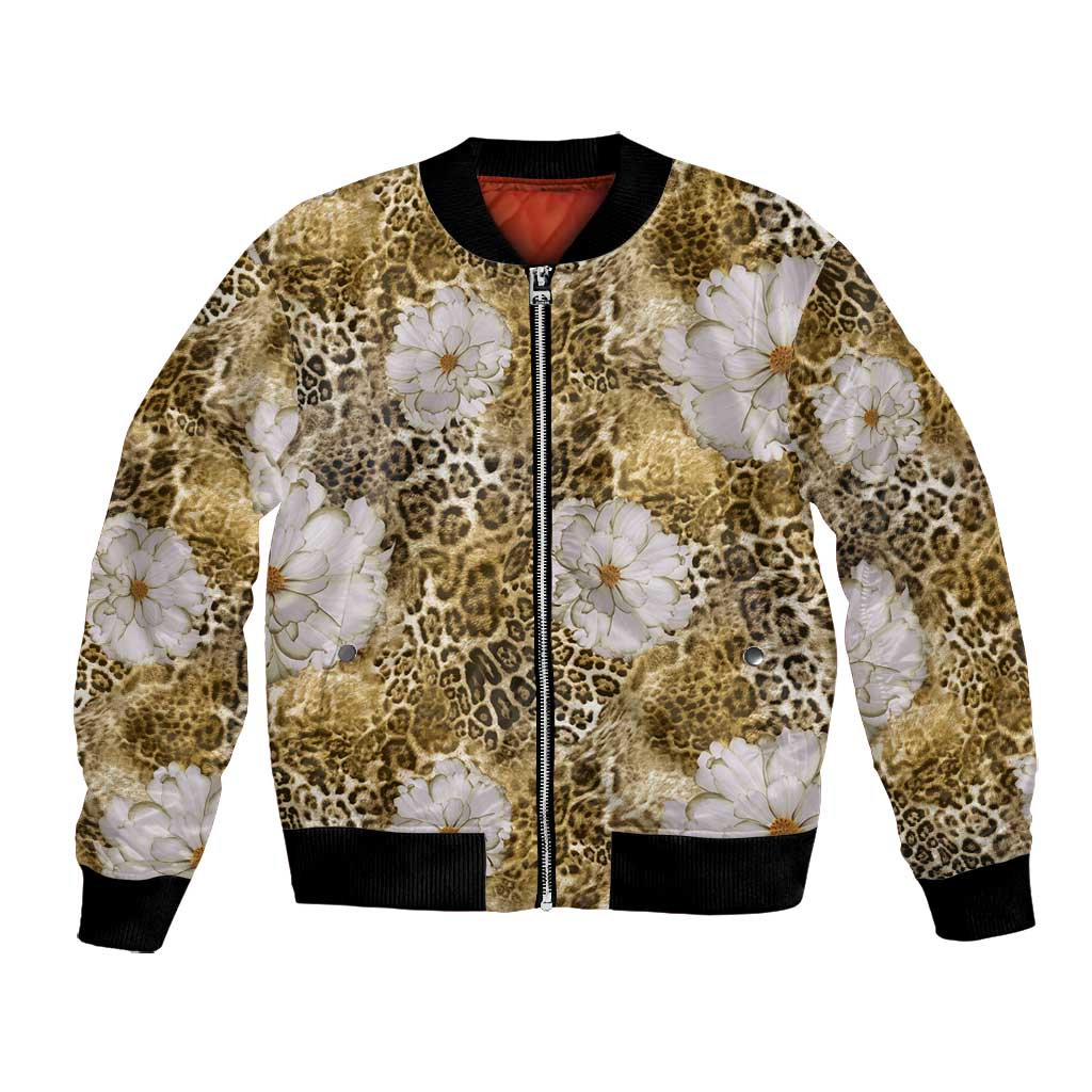 African Leopard Floral Pattern Bomber Jacket Savannah Gold