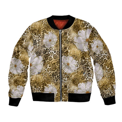 African Leopard Floral Pattern Bomber Jacket Savannah Gold