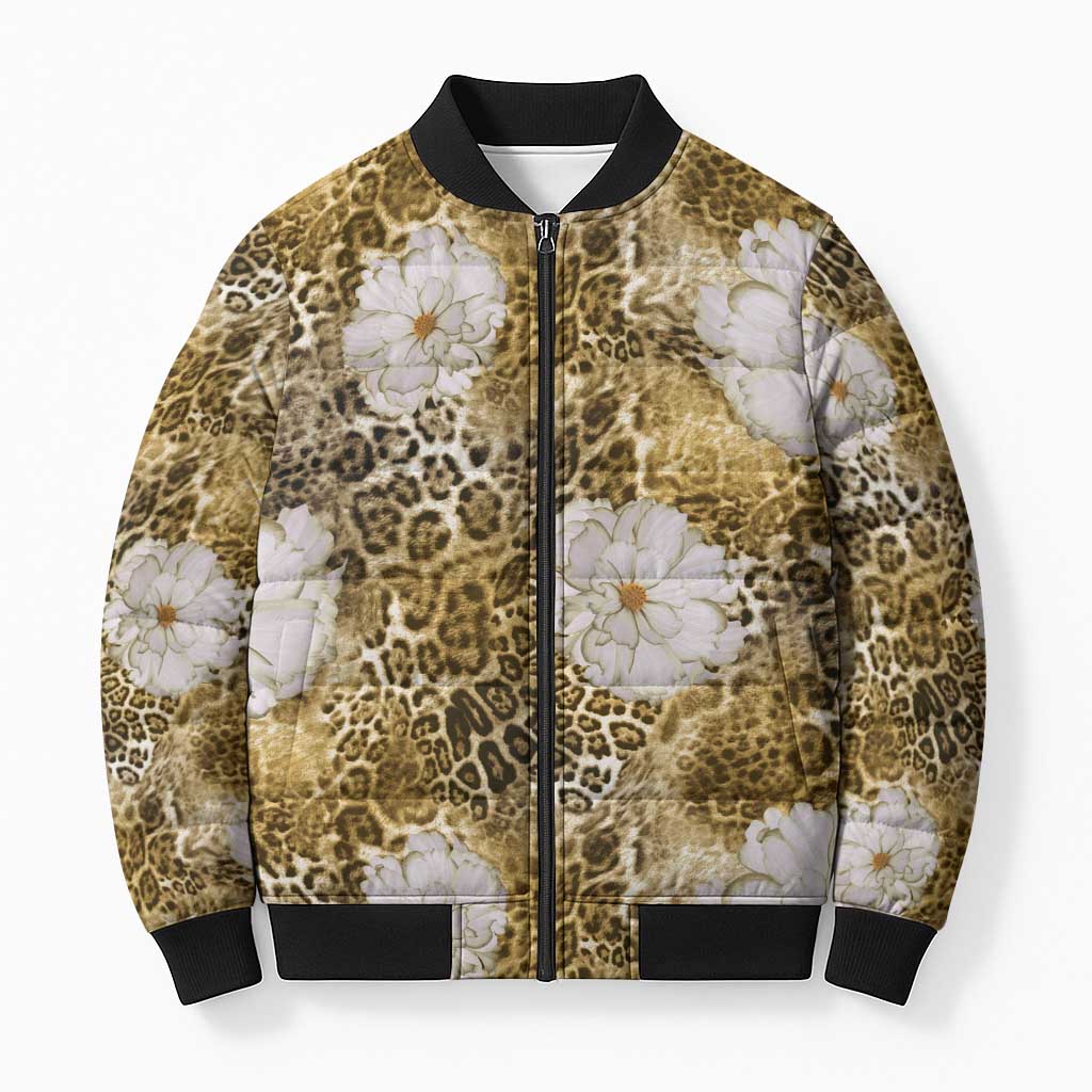 African Leopard Floral Pattern Bomber Puffer Jacket Savannah Gold