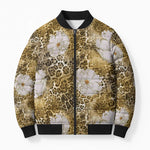 African Leopard Floral Pattern Bomber Puffer Jacket Savannah Gold